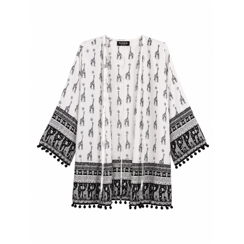 Relipop Womens Kimono Cardigan White Black Giraffe Print Boho‎ Pom Pom Trim M